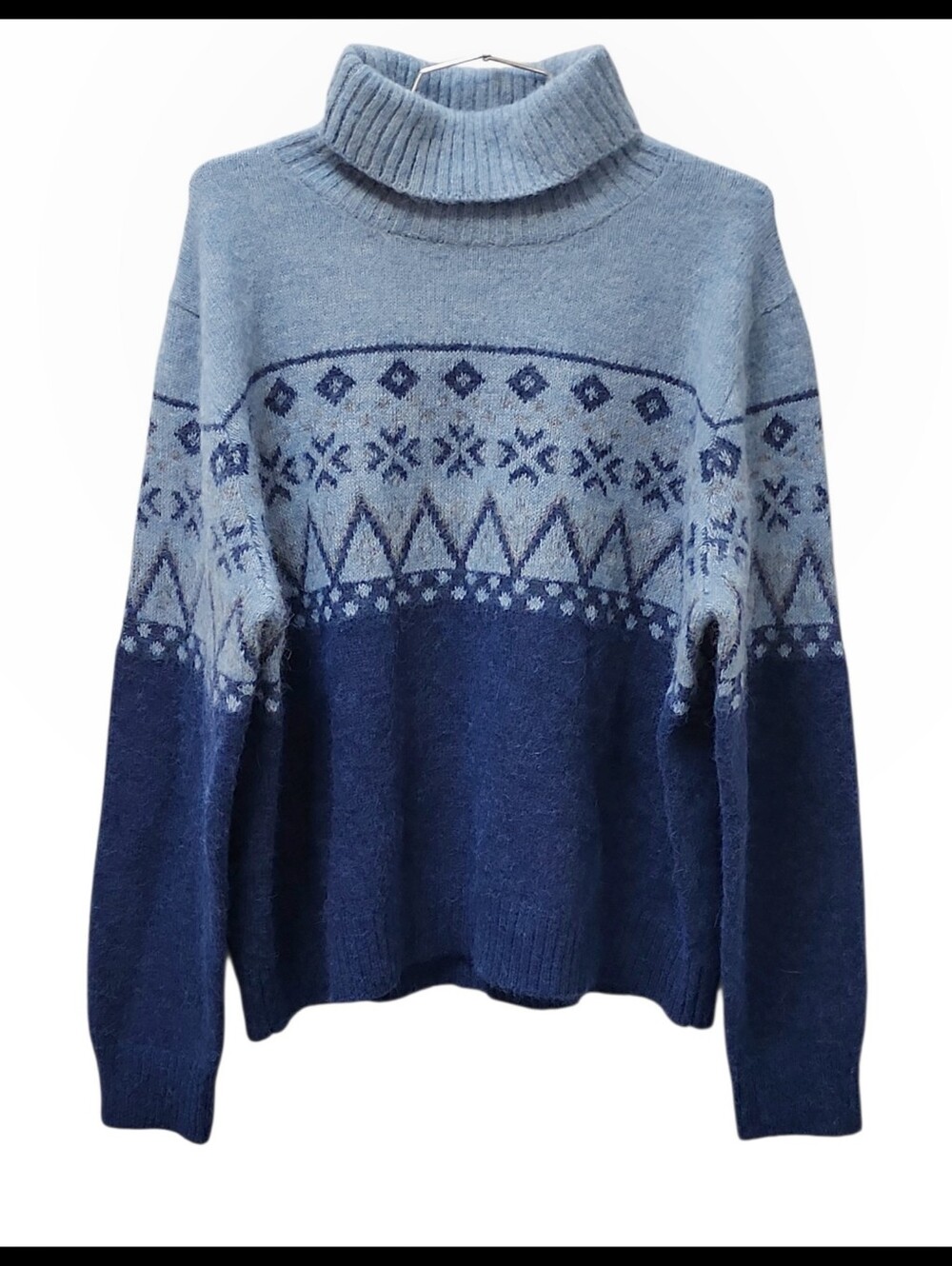 Pacas Fair Isle Turtleneck Sweater Alpaca Mohair Wool Blend Blue Gray Size XL
